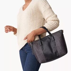 Fossil Skylar Satchel Bag Black Brown Signature Faux Leather Crossbody Bag